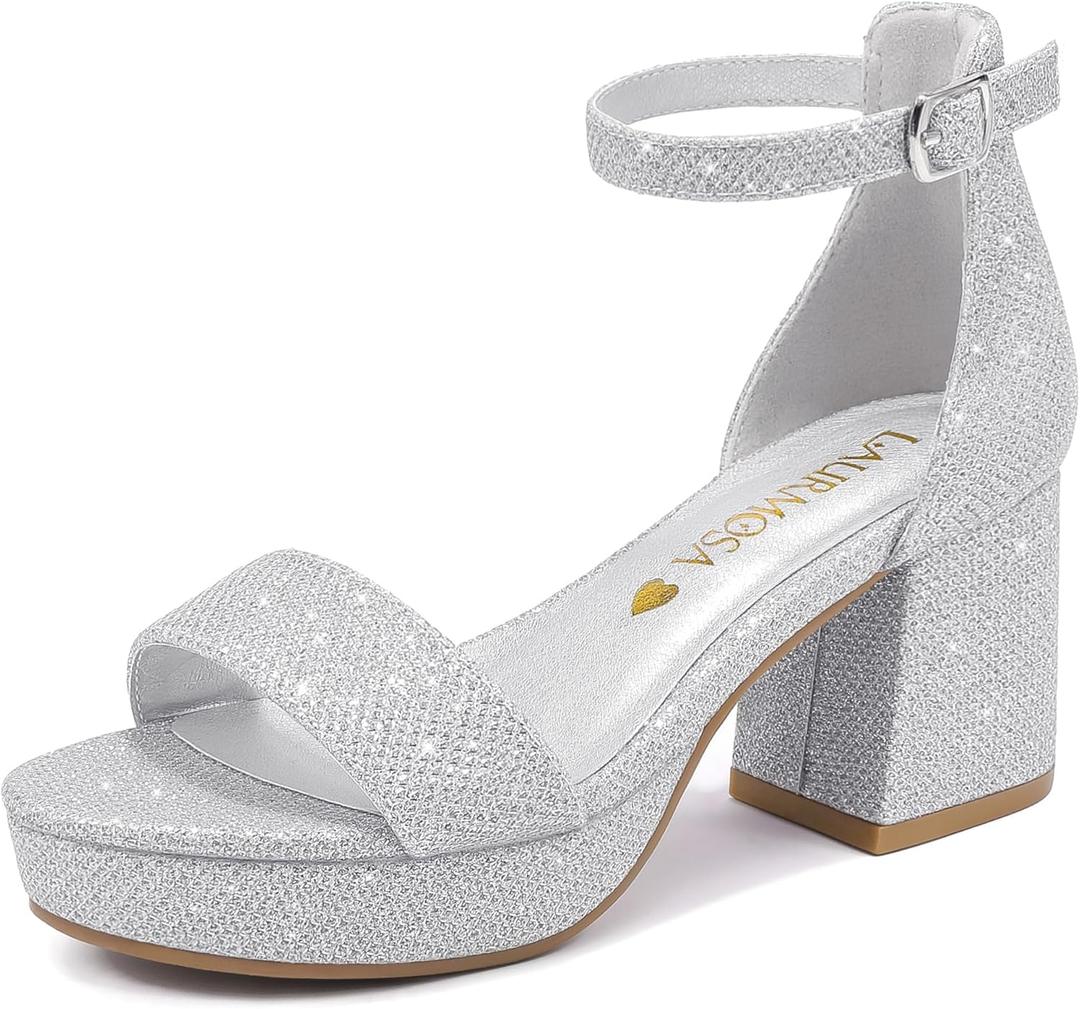 LAURMOSA Silver Dress Shoes for Girls Dress Sandals High Heels for Kids Sandals Flower Girl Shoes Wedding Party Block Chunky Sparkly Heels Size 2 Open Toe Ankle Strap Pumps Big Kids (L1038GlSilver 2)