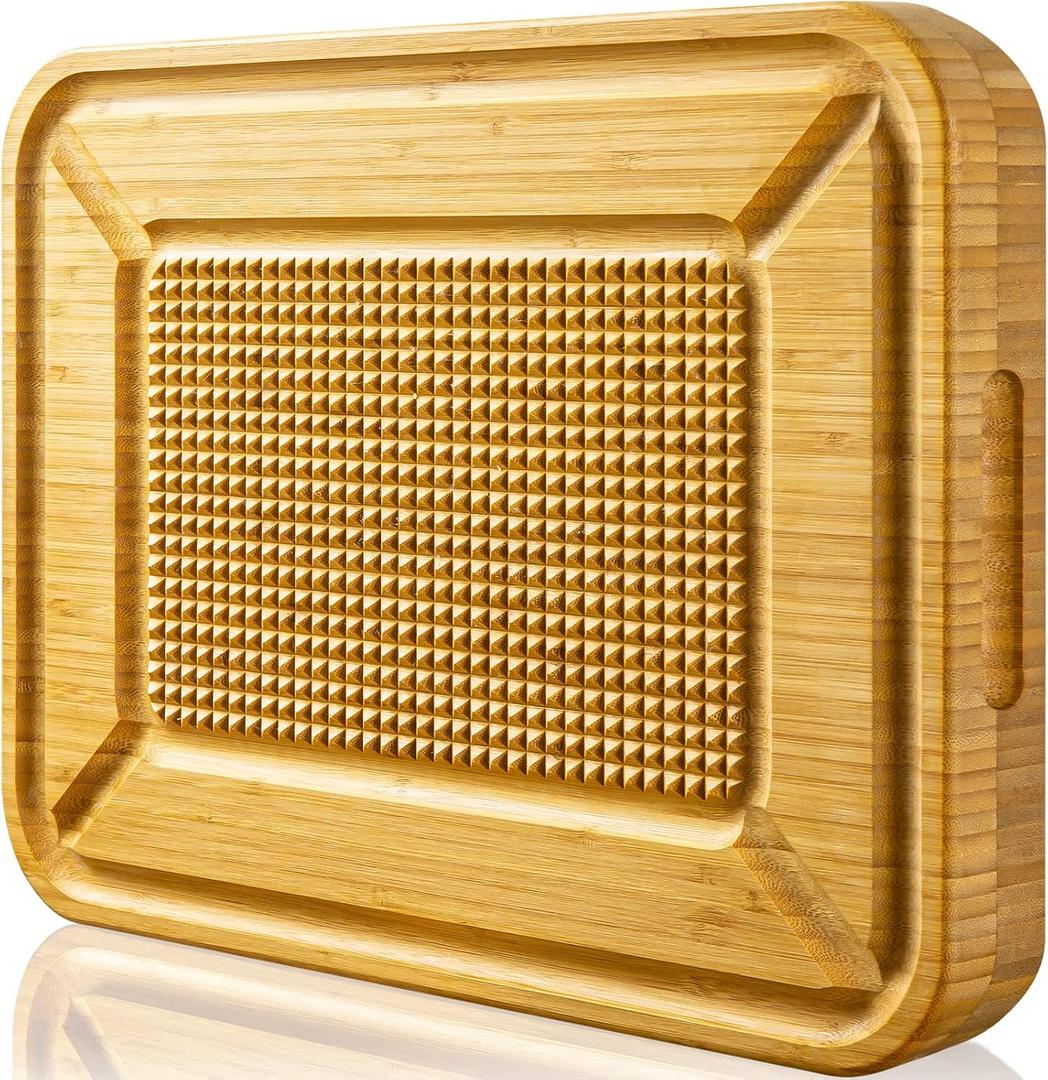 Turkey Carving Board, Heavy Duty Meat Cutting Board for Thanksgiving Bamboo Wood Butcher Block Brisket Cutting Boards with Juice Groove, Pyramid Spikes Stabilizes Steak or Turkey While Carving