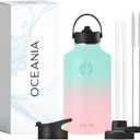 Oceania Flask 64oz Stainless Steel Water Bottle | Modern, Leakproof, Hydro BPA-Free, Insulated Water Bottle with 3 Lids, 3 Straws & 2 Straw Cleaning Brushes | Simple Camping & Hiking Water Bottles (Candy Floss)