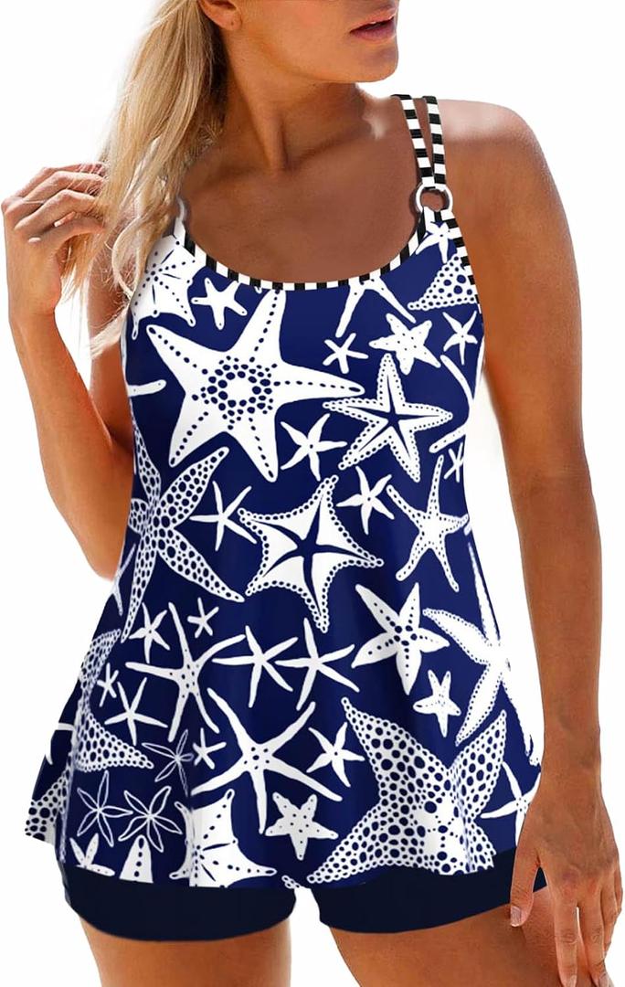 ROSEWE 2025 Tankini Swimsuits for Women, Two Piece Bathing Suits with Shorts, Modest Tank Top Swim Dress (Blue, M)