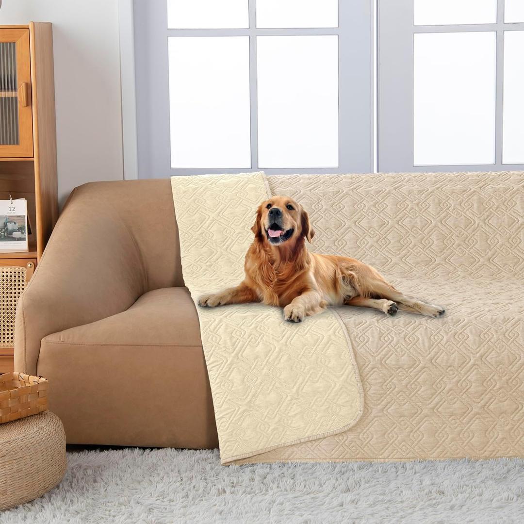 fuguitex Waterproof Dog Bed Cover Dog Blanket for Pet Furniture Bed Couch Sofa Reversible Linen Texture(52"*82",Cream+ Wheat)