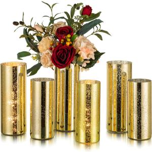 Glasseam Gold Cylinder Vases for Centerpieces: 6 Modern Mercury Hurricane Glass Vase Set for Flowers - Decorative Golden Pillar Candle Holders for Wedding Party Dining Room Table Decor