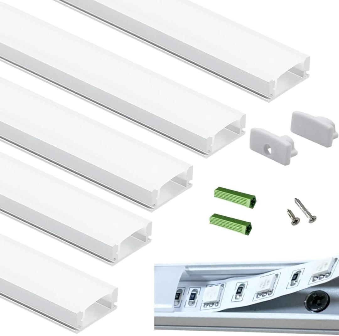 THMOOTHER Matte White 5-Pack 3.28FT Pre-Drilled Clip Free LED Strip U Channel Diffuser, Tight and Flush Mounted Under Cabinet Tape Track Aluminum Low Profile with UV Resistance Milky Cover (5)