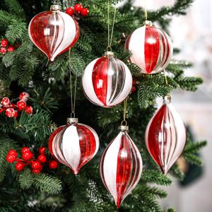 6 Pcs Christmas Candy Balls Ornament Glass Christmas Tree Decorations Red and White Striped Peppermint Hanging Xmas Decorations for Trees Party Wedding Holiday, 3 Styles
