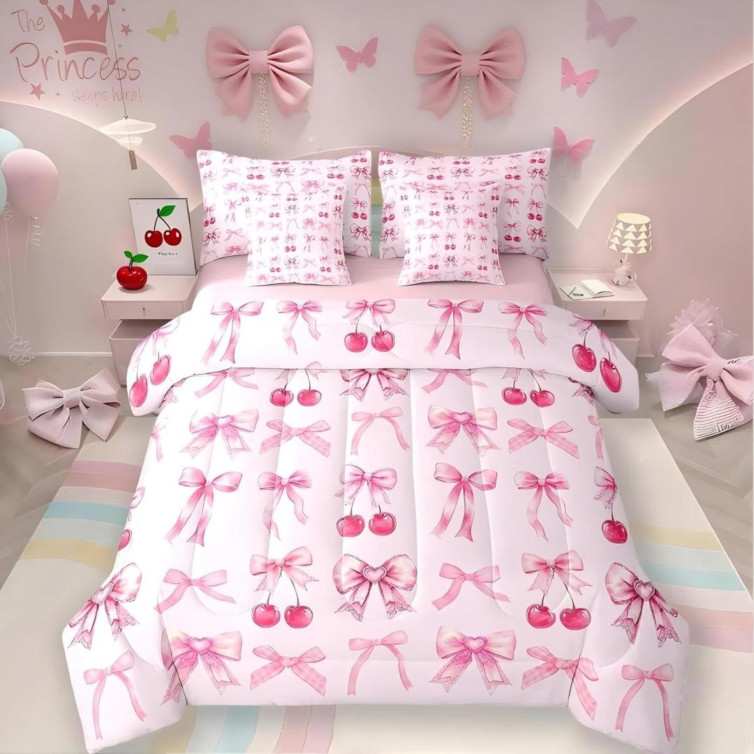 Pink Cherry Bow Bed in a Bag Queen Comforter Set 7 Piece,Cute Silk Ribbon Bowknot Bedding Set,Princess Bow Tie Comforter and Sheet Set Dreamy Kawaii Bed Set,Girly Light Pink Room Decor Aesthetic