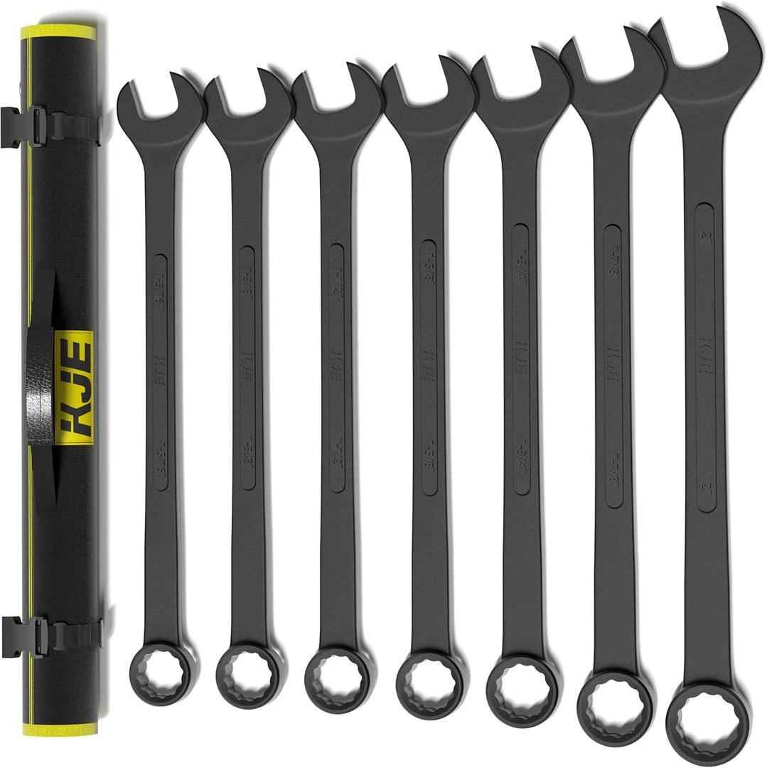 KJE 7-Piece SAE Black-Oxide Jumbo Combination Wrench Set, Open-End large Wrench, big Wrench Set, SAE Sizes 1-5/16" - 2" for Large Vehicles