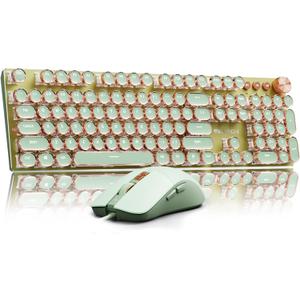 EWEADN Wired Typewriter Keyboard and Mouse Combo, Typewriter Style Mechanical Gaming Keyboard,104 Keys Backlit LED Keyboards, Media Control Knob, Wired Keyboard Pink Switch for Windows/Mac/PC-Green