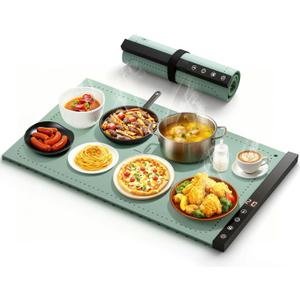 Warming Mat for Food - Full Surface Rapid Heating, Rollable & Portable Food Warmer Mat with 6 Temperature Settings and 1-4 hours adjustable Timer, Silicone Heating Mat for Party Buffet (Grayish Green)