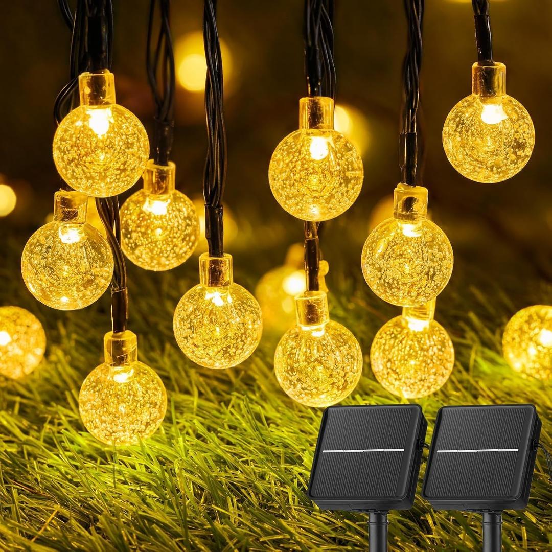 Solar String Lights Outdoor Waterproof, 2 Pack 60 LED 36.5 FT Each, Solar Powered Patio Lights with 8 Lighting Modes for Garden Yard Porch Wedding Party Decor (Warm White)