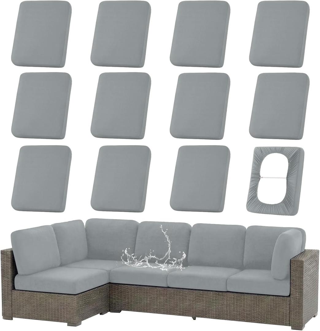 hyha Waterproof Outdoor Cushion Covers for Patio Furniture, Stretch Patio Chair Cushion Slipcovers, Coated UV Resistant Replacement Seat Covers, Solid Color (Grey, 12PC)