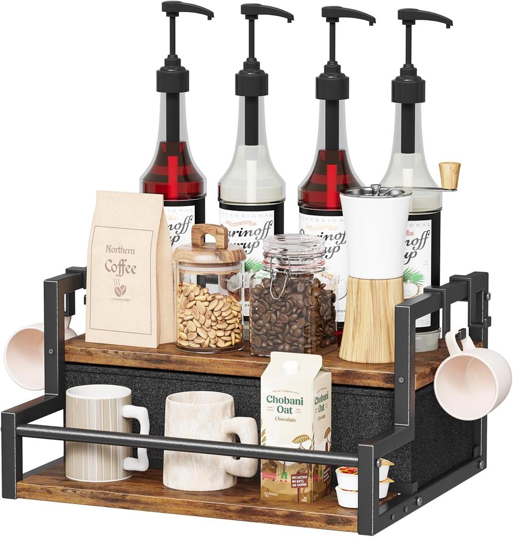 Coffee Syrup Organizer Rack, 2-Tier Coffee Bar Accessories, Bottle Holder Stand with K Cup Storage Drawer for Coffee Bar, Wine Rack, Storage Shelves for Syrup (Rustic Brown)