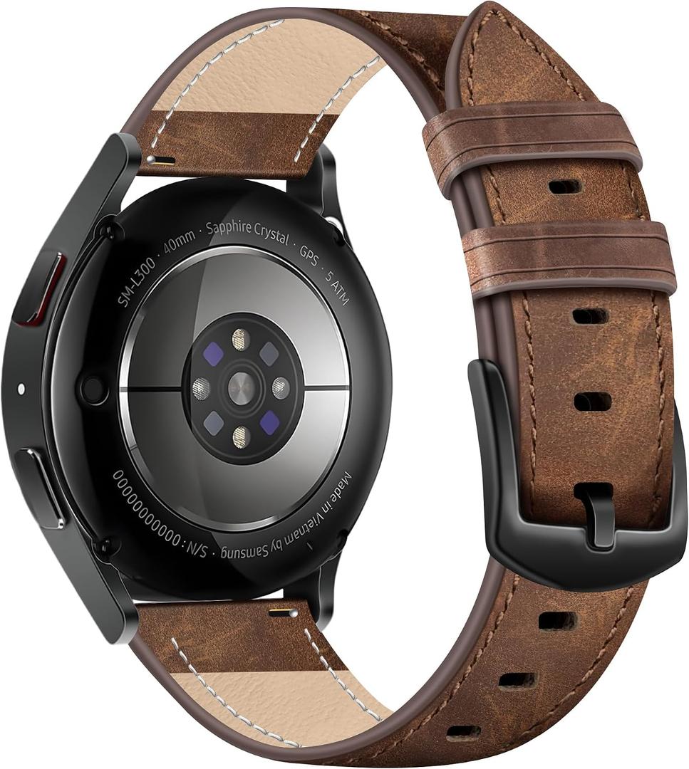 Leather Band for Men Compatible with Samsung Galaxy Watch 7/6/5/4/Active 2 40mm 44mm/Watch 6 Classic 43mm 47mm/Watch 5 Pro 45mm/Watch 4 Classic 42mm 46mm, 20mm Wristband Replacement Strap