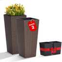 Idzo All Weather Wicker Planters for Outdoor Plants Set of 2, 24 inch Tall Planter for Front Porch, Patio, Balcony, Indoor Usage - Square Rattan Flower Pots, Mocha