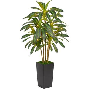 Artificial Dracaena Tree 5FT with Black Tall Planter, Realistic Faux Tropical Plant with LED Lighted, Indoor Artificial Plant for Modern Indoor Home Decor