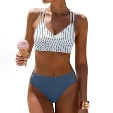 ANRABESS Bikini Sets for Women V Neck Criss Cross Two Piece Swimsuit Sexy Cutout Bathing Suit 2026 Beach Vacation Swimwear Stripe Blue X-Large