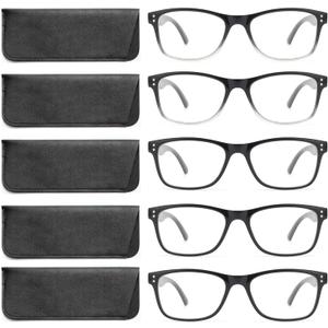 Reading Glasses Blue Light Blocking, Computer Glasses for Women Men, Fashion Square Eyeglasses 5 Pairs (Black, +1.25)