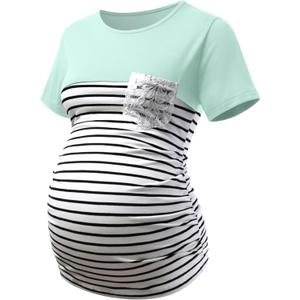DEBELLY Maternity Shirt Long & Short Sleeve Tunic Color Block Crew Neck Striped Pregnancy Casual Tops with Crochet Pocket (S)