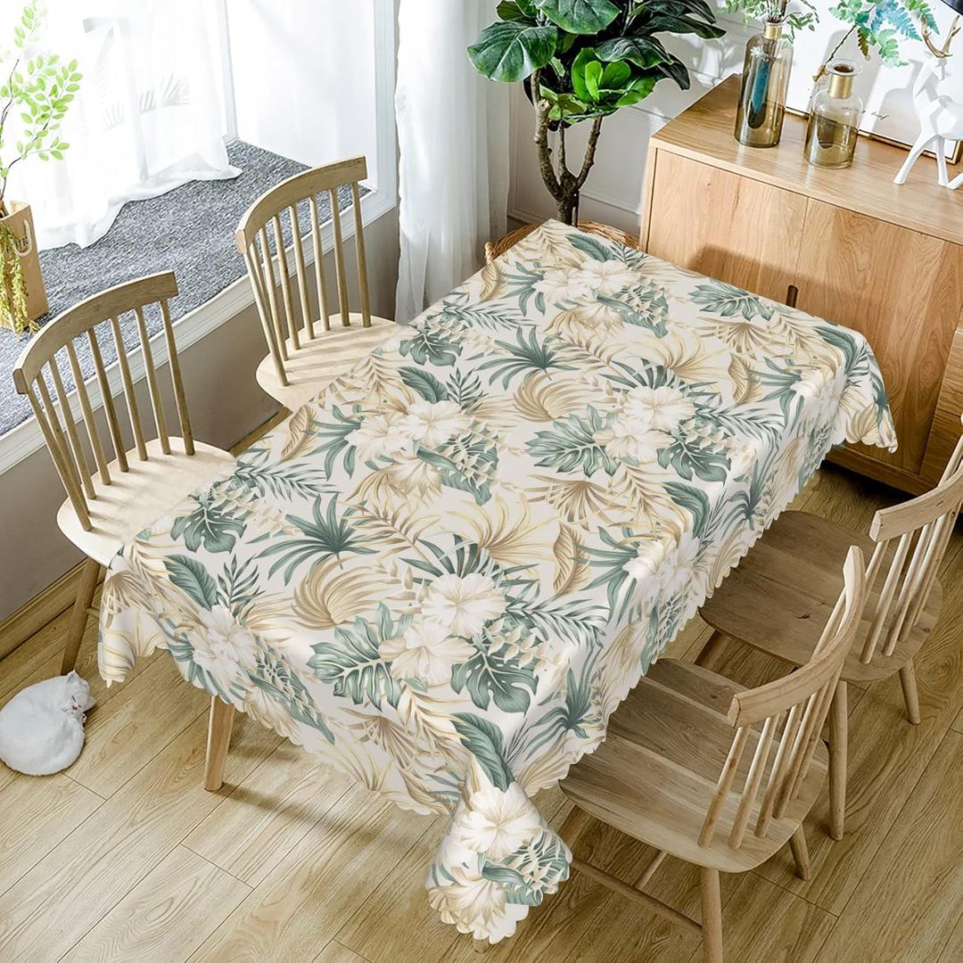 Tropical Green Gold Palm Leaves Tablecloth, 52x70 Inch Spring Summer Floral Flower Plant Fabric Table Cloth,Waterproof Table Cover for Kitchen Dining Birthday Wedding Themed Party Decoration