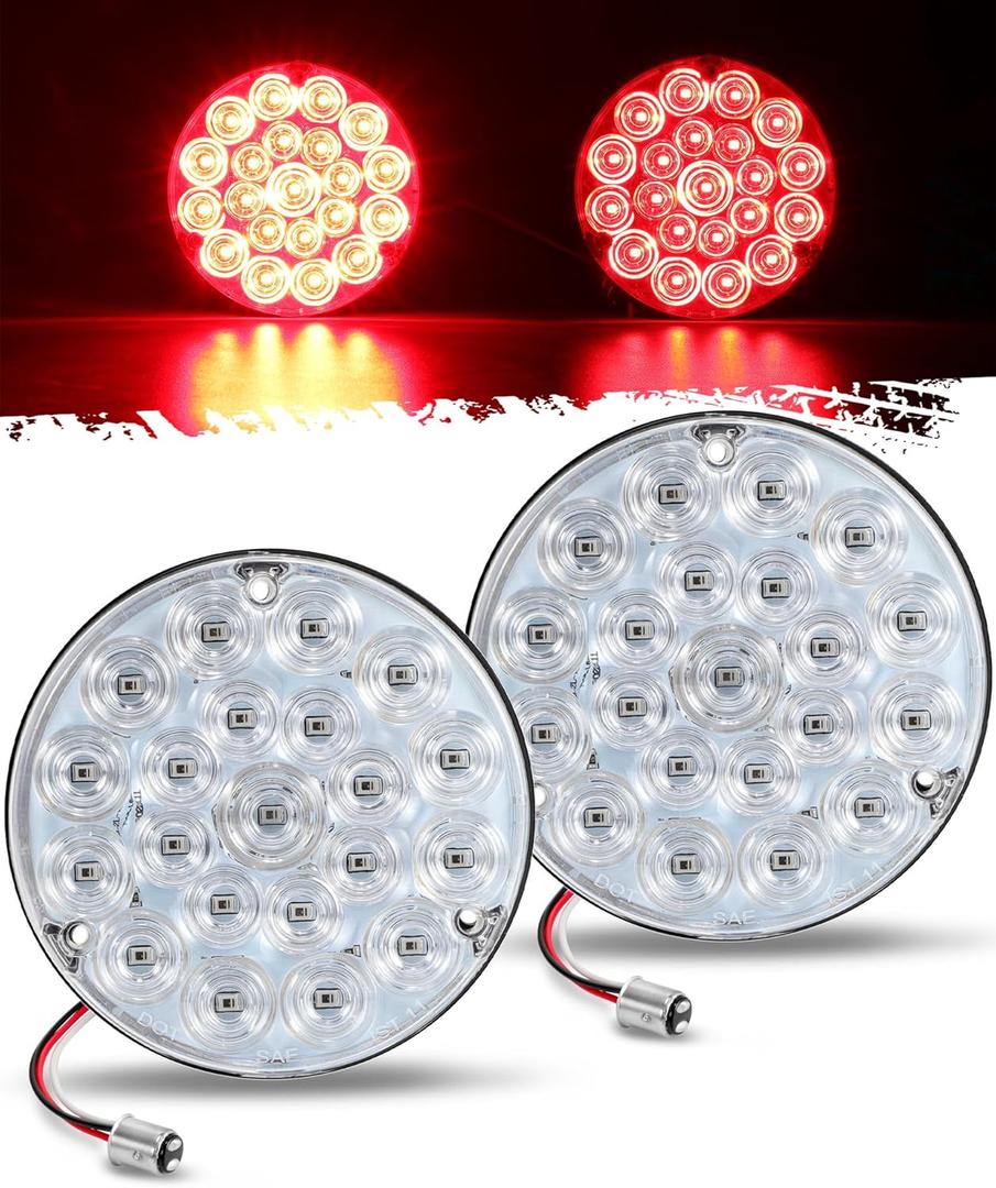 Partsam 4 inch Round Tail Light 21-2835 LEDs Red Stop Turn Load Lights with 1157 Socket TPE Gasket Clear Lens Replacemnet for Freightliner Kenworth Peterbilt Cascadia, 12V IP67 Waterproof 2pcs
