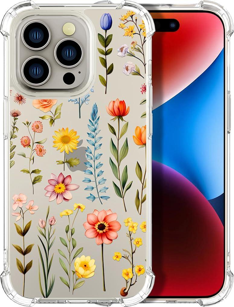 Compatible for iPhone 15 Pro Max Cases with Design, Cute Transparent Designer Phone Case for Women Girls Girly with Heavy Duty Protective Bumper (Clear Multicolored Flowers)