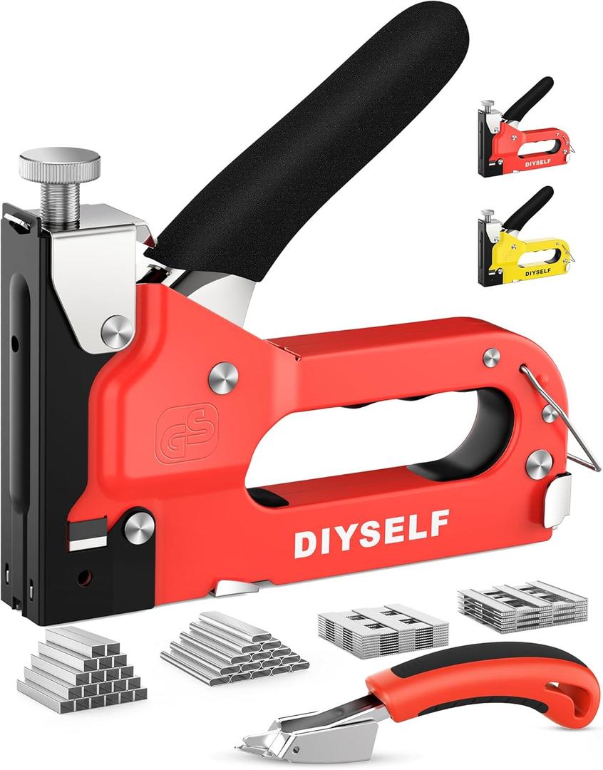 DIYSELF-Staple-Gun-for-Wood, 4-in-1 Upholstery Staple Gun Heavy Duty, Fabric Stapler, wood stapler, Adjustable Manual Upholstery Stapler for Wall, Crafts, Furniture with 4000 Staples/Remover (Red)