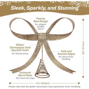 Large Metal Bow Christmas Tree Topper,9.4 Inch Glitter Champagne Gold Tree Topper,Champagne Gold Bow Christmas Tree Decorations for Xmas Home Decor Holiday Party Indoor Outdoor Shop Office