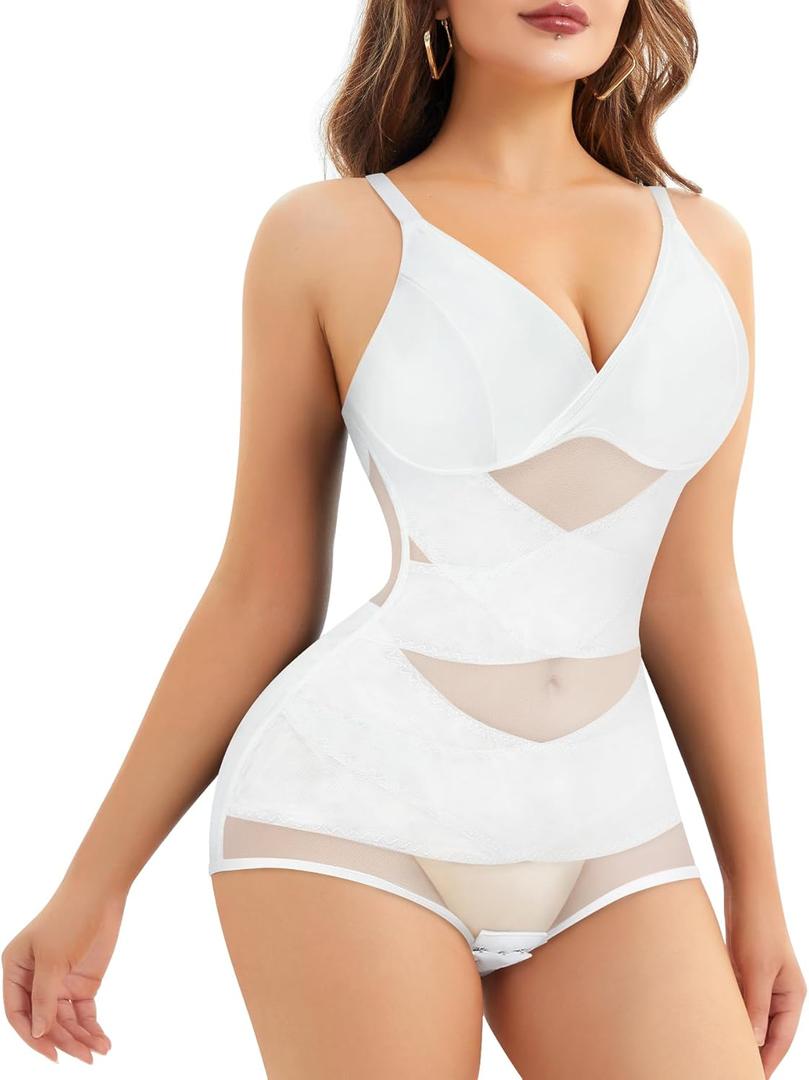 REYEOGO V Neck Bra Bodysuit Shapewear for Women Tummy Control Waist Trainer Full Body Shaper Butt Lifter Briefs Jumpsuit Tops (X-Large, White)