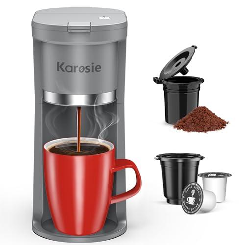 Karosie Small Single Serve Coffee Maker, Fast Brew for K-Cup & Ground Coffee, 6-12 Oz Brew Sizes, One-Button Single Cup Coffee Maker, Coffee Machine with Descaling Reminder,Grey, 9.45 Inches