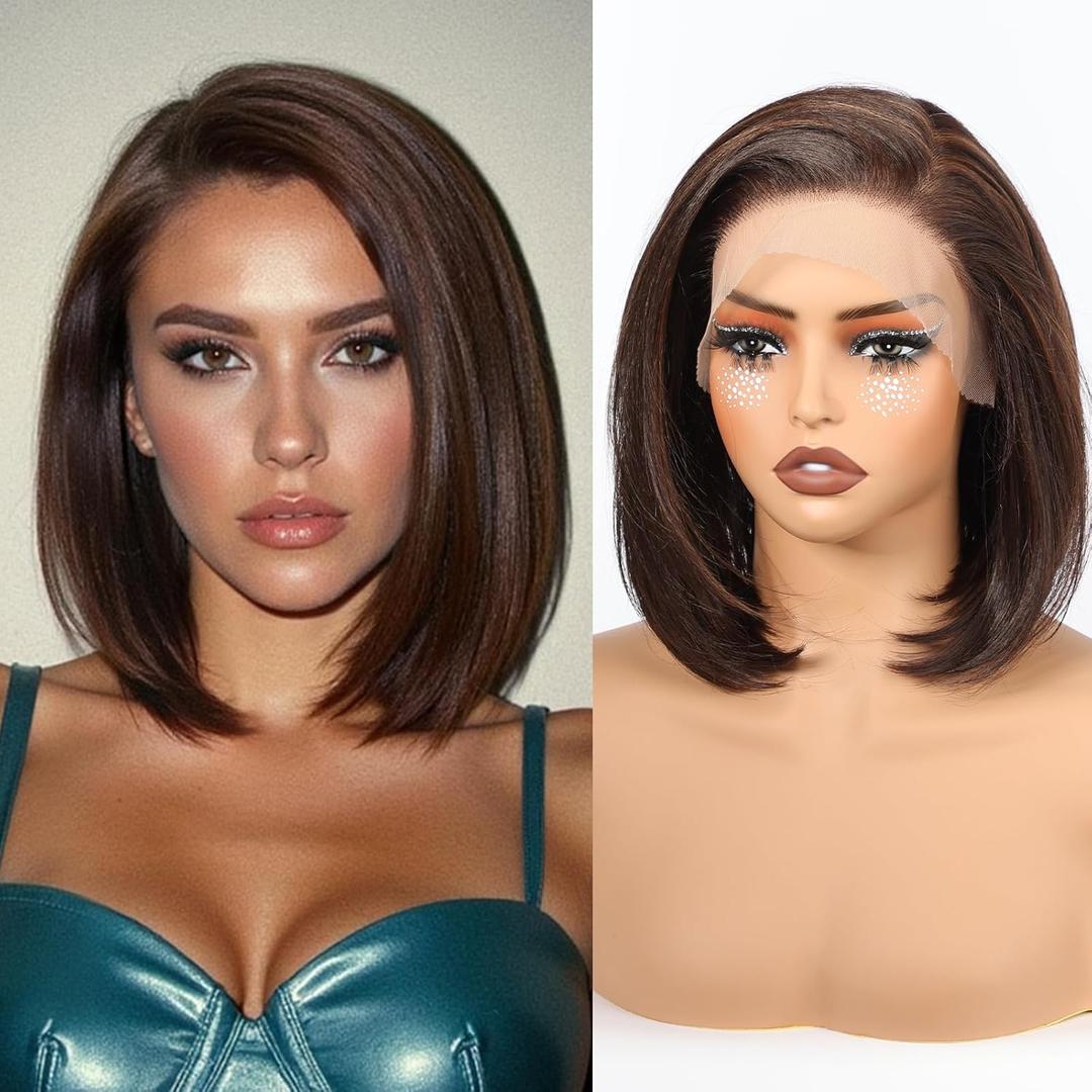 BLONDE UNICORN Brown Highlight 136 HD Bob Wig Synthetic Lace Front Wig Glueless Short Straight Bob Wigs for Women Daily Party Use 10IN