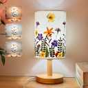 Dried Flowers Table Lamp, 7w Led 3-Color Pressed Floral Beside Lamp,Cute Vintage Linen Shade Desk Lamp for Bedroom Office with Wood Base