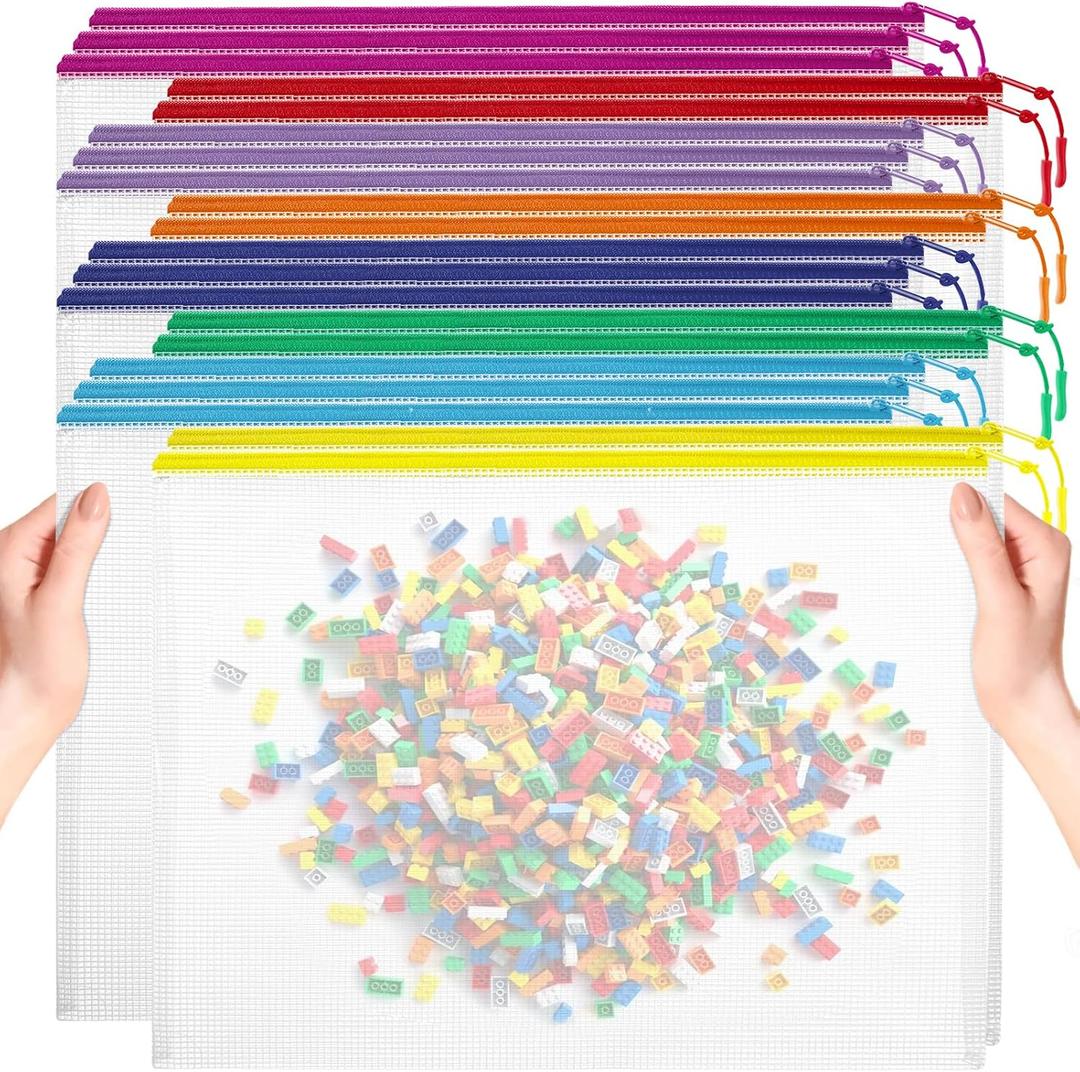 20pcs Mesh Zipper Pouch Bags, Puzzle Bags, A3 17x12 Inches Large Reusable Pouches for Organizing Classroom and Storage, Extra Large Zipper Pouch, Board Game Storage (Multicolor)