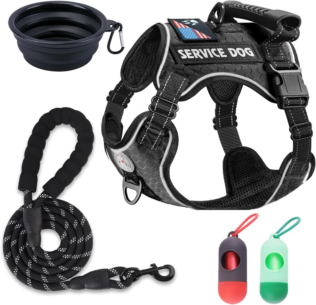Cymiler Service Dog Vest,No-Pull Dog Harness and Leash Set,Adjustable Oxford Reflective Service Dog Vest Harness with Handle for Outdoor Walking Training,Easy Control for Small Medium Large Dogs (Black), XS