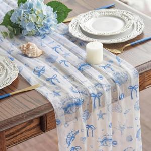 Batiyeer 9.8 ft Blue Starfish Beach Tulle Table Runner, 118 Inch x 28 Inch Summer Decor Coastal Bow Seashell Party Decor for Kitchen Dining Coffee Table Holiday Party Decorations