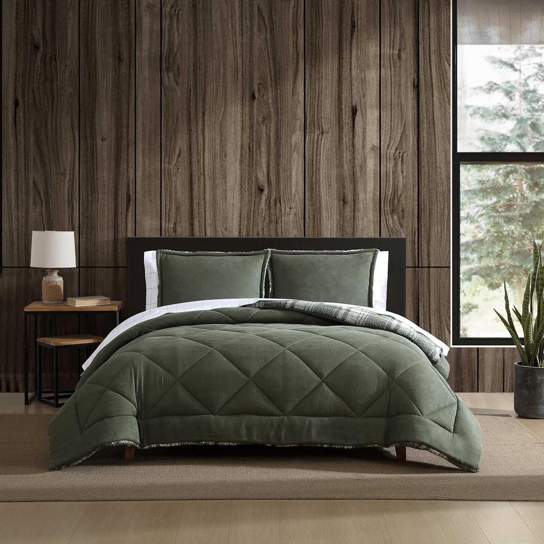 Eddie Bauer - Queen Comforter Set, Microsuede Bedding with Soft Plush Faux Shearling Reverse, 3 Piece Bed Set with Matching Pillowcases (Big Lake Plaid Green)