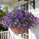 Artificial Fake Hanging Plants Flowers Basket for Outdoors Spring Summer Decoration, Silk Purple Morning Glory Eucalyptus UV Sun Resistant Realistic Faux Flowers for Outside Porch Patio Balcony Home