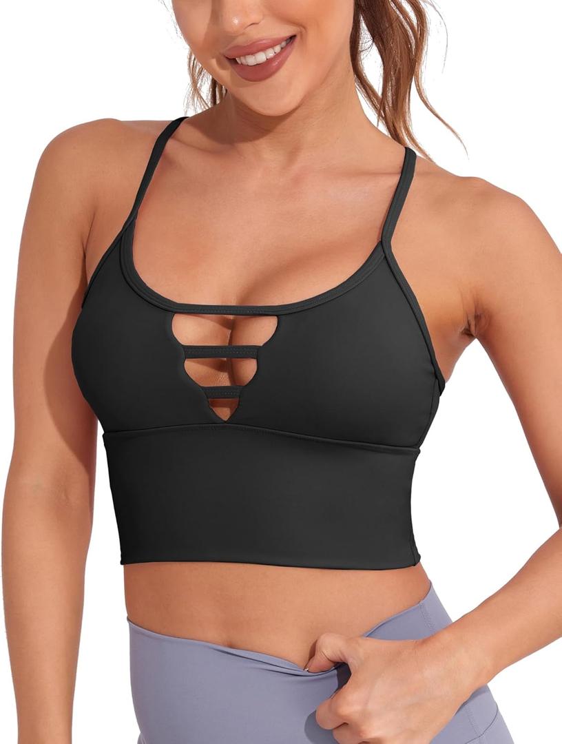 AngiMelo Longline Sports Bras for Women High Support Strappy Push Up Workout Tops Built in Bra Padded Crop Yoga Tank Top (Small)