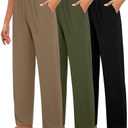 Huukeay 3 Pack Women's Lounge Pants, Cozy Wide Leg Lounge Slacks with Pockets Loose Flowy Yoga Sweatpant Workout Comfy Jogger L, Army Green, Khaki