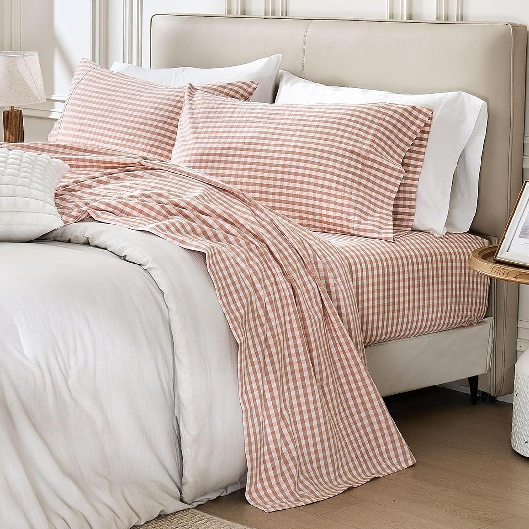 PURE ERA Pink Gingham Sheets Set 100% Washed Cotton Linen Like King Size | Breathable Soft Lightweight, 4 Pieces, Pink Plaid Checkered Bed Sheets, 15" Deep Pocket, Gingham Farmhouse Bedding