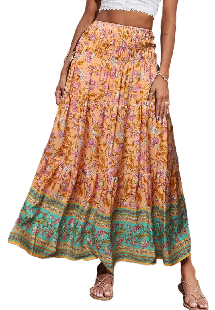 CFLONGE Women's 2025 Bohemian Long Skirts Flowy High Waist A Line Maxi Skirts for Women Summer Pleated Mini Skirts