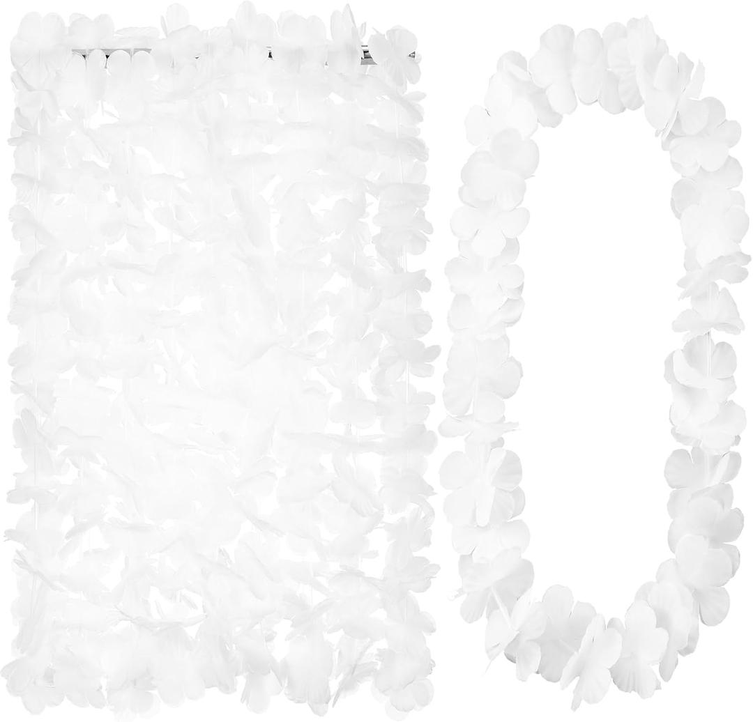 Hoteam 24 Counts White Hawaiian Leis Necklace Tropical Flower Lei Floral Luau Party Decorations Hawaiian Flower Luau Necklaces Hula Dance Garland Headbands for Beach Birthday Wedding Party Favors