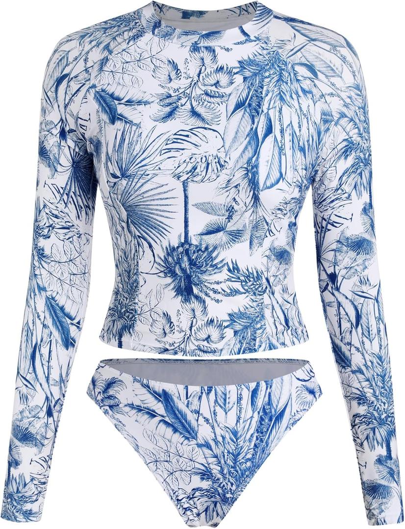 ZAFUL Womens Rash Guard Swimsuits Long Sleeve Sun Protection Bathing Suit Tropical Swim Shirts with Briefs (Blue, M)