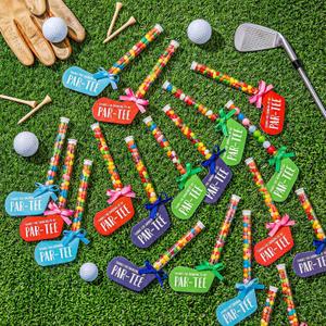 VioraWhite 24 Set Golf Party Favor Bulk Golf Birthday Party Decoration Set Includes Gumball Candy Tubes with Mini Hats and Stickers Clear Plastic Tubes Sport Goodie Bag Gift(Red,Green,Blue)