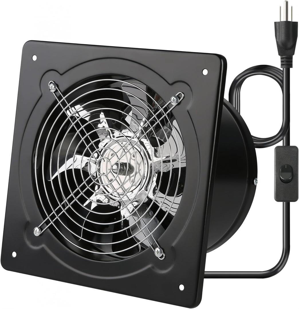 8 Inch Exhaust Fan Metal Ventilation Fan With Switch Window And Wall Mounted Extractor Warehouse Fan With Check Valve For Kitchen, Attic, Garage (Black)