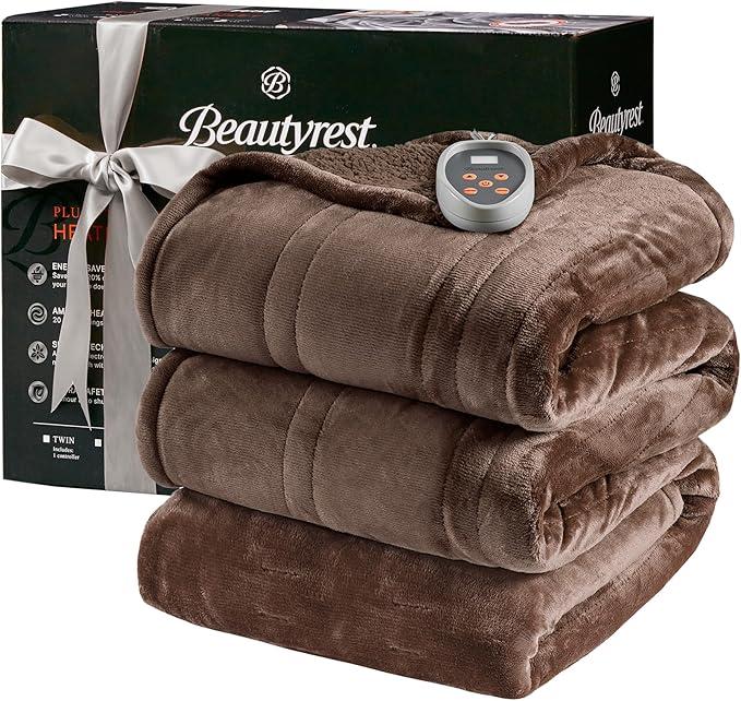 Beautyrest Heated Blanket, Electric Blanket, Soft, Warm, Reversible Plush - Sherpa Heating Blanket with 20 Heat Settings, 1-10 hrs Timer Auto Shut Off, Machine Washable, Twin (84 inx62 in), Chocolate