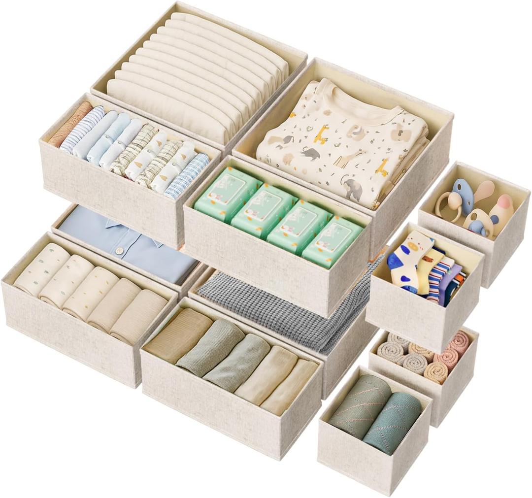 12 Pack Drawer Organizer for Baby Clothes, Linen Fabric Nursery Organizer for Baby Diaper, Collapsible Deep Fabric Drawer Organizer with Zipper for Socks, Bra, Towels, Ties, Beige