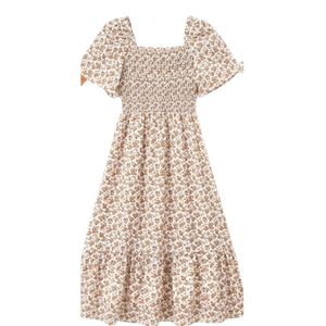 PATPAT Matching Outfits Boho Floral Print Square Neck Puff Sleeve Smocked Dress, Medium