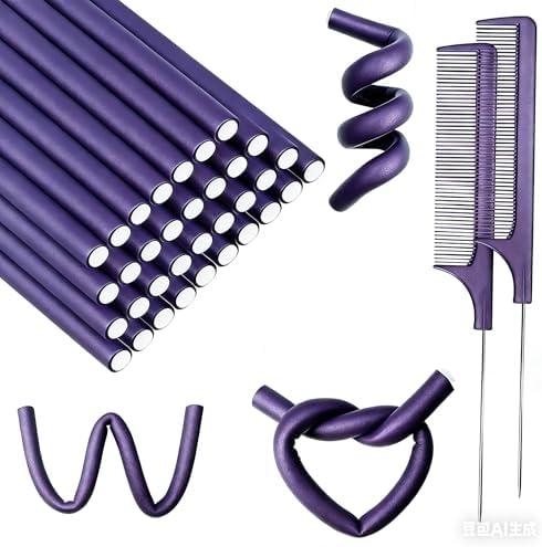 60 Pieces Flexible Curling Rods Twist Foam Flexi Rods No Heat Hair Rods Hair Rollers and Steel Pintail Rat Tail Comb for Long or Short Hair Women Girls (9.45 x 0.31, Purple)