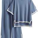 Tanming Sweater Sets Women 2 Piece Lounge Sets Short Sleeve Knit Pullover Tops Wide Leg Pants (Large, Blue)