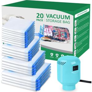 ZPP Vacuum Storage Bags with Electric Pump, 20 Pack (4 Jumbo, 4 Large, 4 Medium, 4 Small, 4 Roll Up Bags) Vacuum Seal Bags for Clothes, Mattress, Blanket, Comforters, Travel, Moving