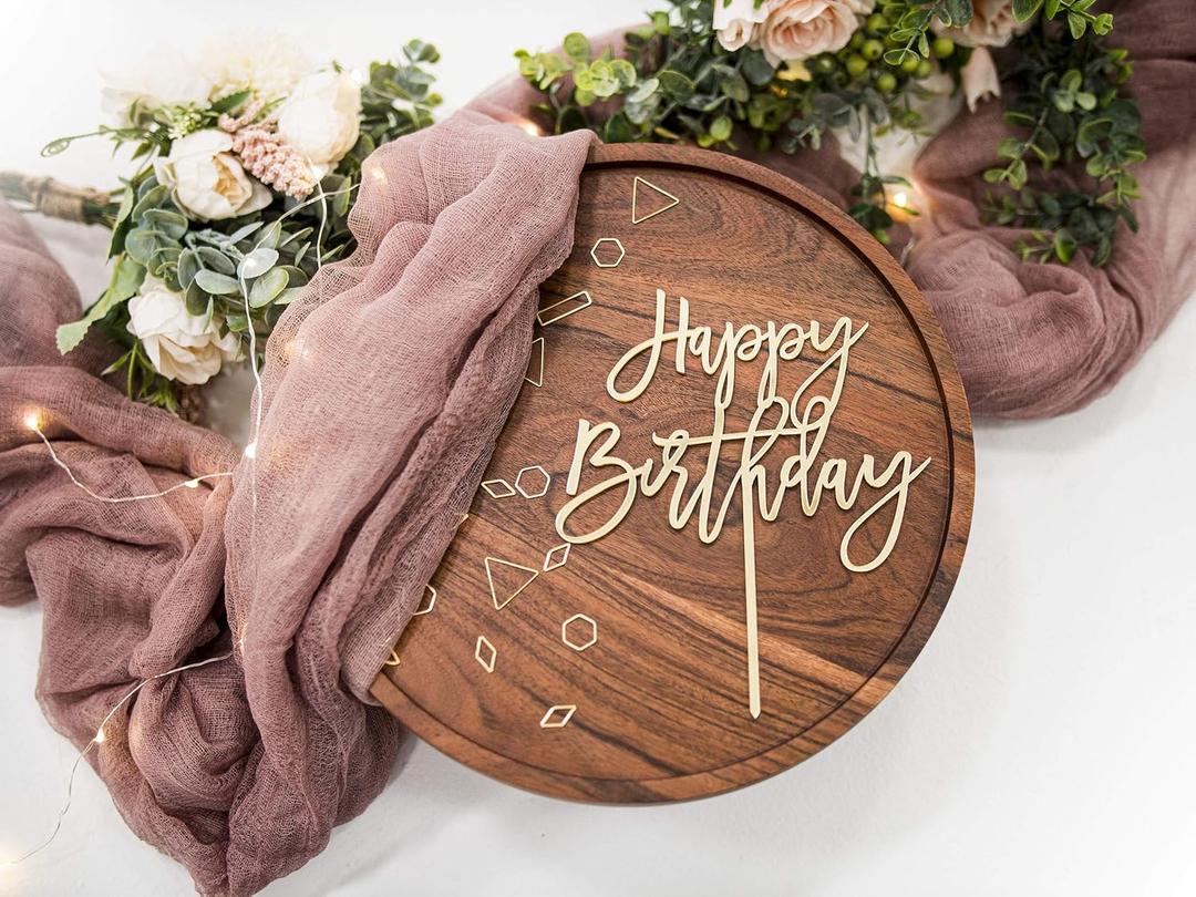 LS Designs Happy Birthday Cake Topper - Gold Acrylic, 7 3/4" x 6 1/2" - 1 Count